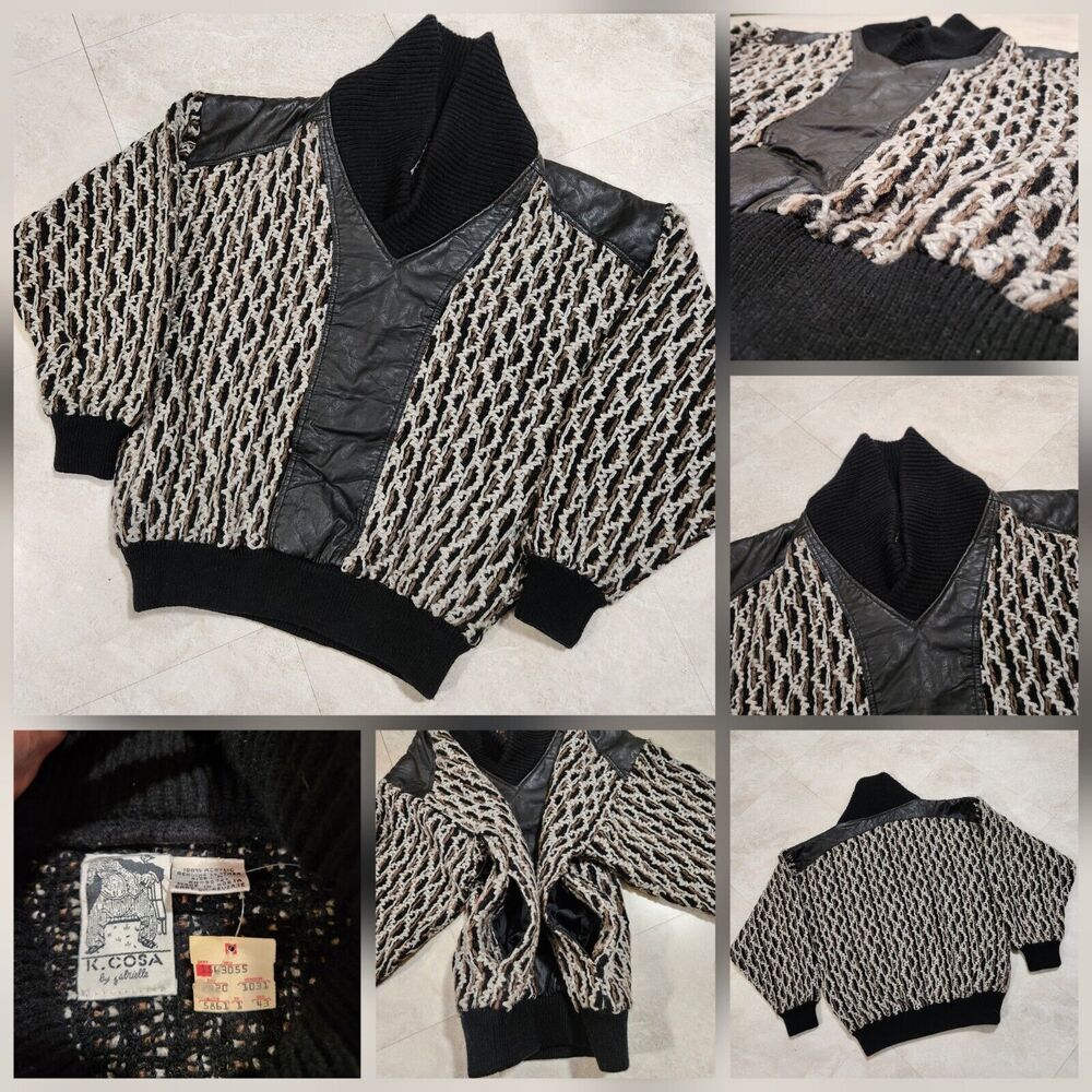 VTG K. Cosa Men M Medium Cableknit Chunky Knit Leather Trim Shawl Collar Sweater